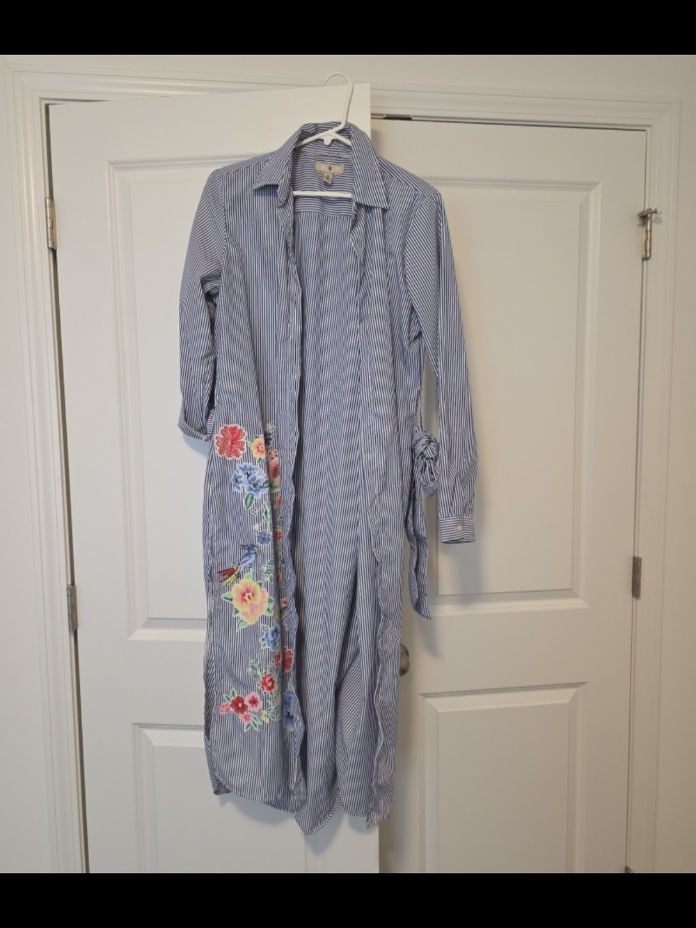 Striped Long Shirt Dress/Shirt Jacket  with Floral Embroidery - Blue